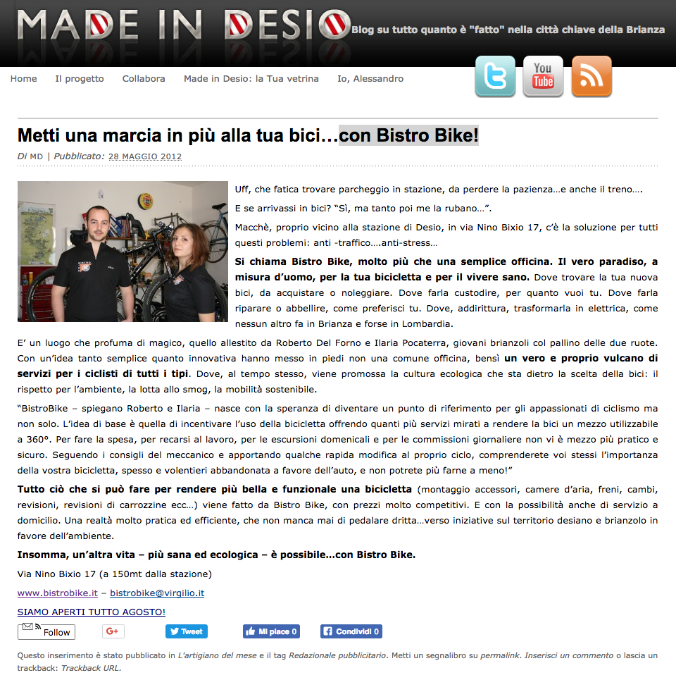 Metti una marcia in più alla tua bicicon Bistro Bike Made in Desio